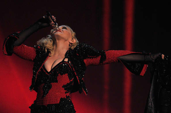 Madonna performs onstage during The 57th Annual GRAMMY Awards at the STAPLES Center on February 8, 2015 in Los Angeles, California. (Photo by Lester Cohen/WireImage)