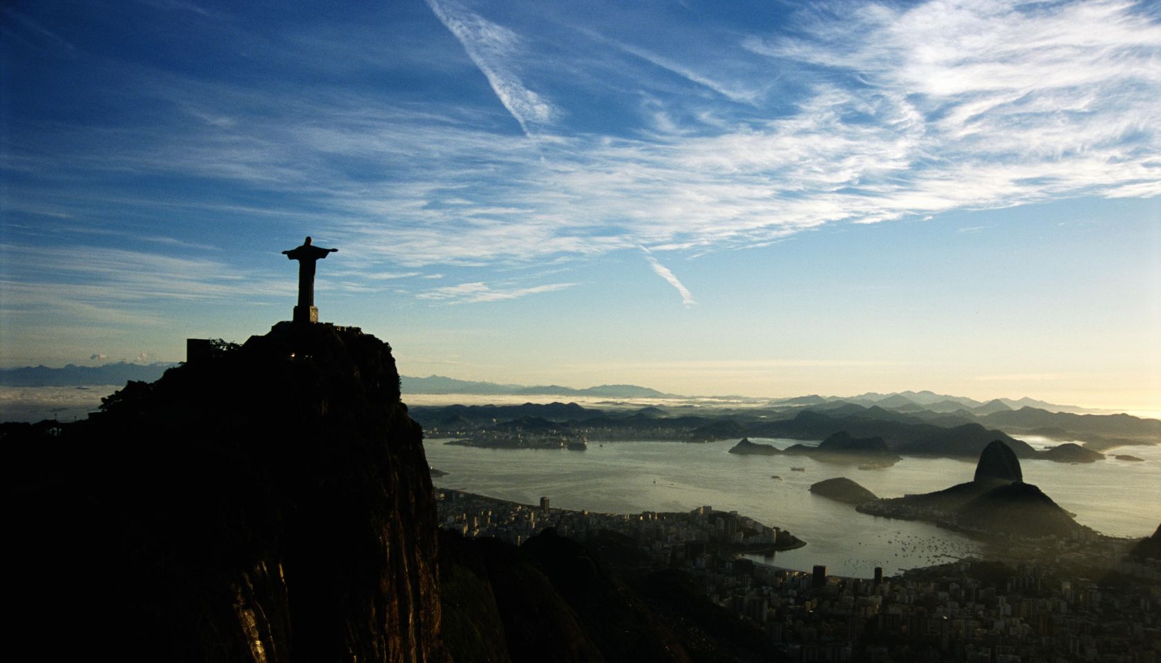 Aerial view of Christ the Reddemer overlooking Guanabara bay, Rio de Janiero, Brazil.