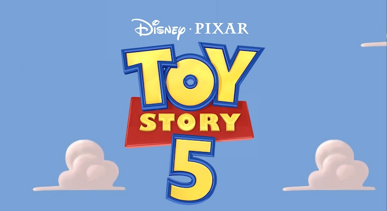 Disney Pixar Toy Story 5 logo on a blue sky background with white clouds.