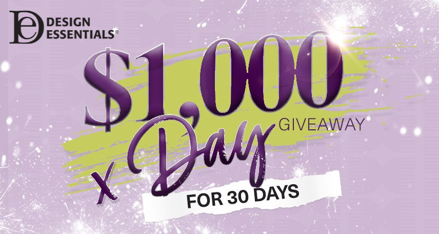$1,000 x Day giveaway for 30 days, with large purple text and a sparkling background.