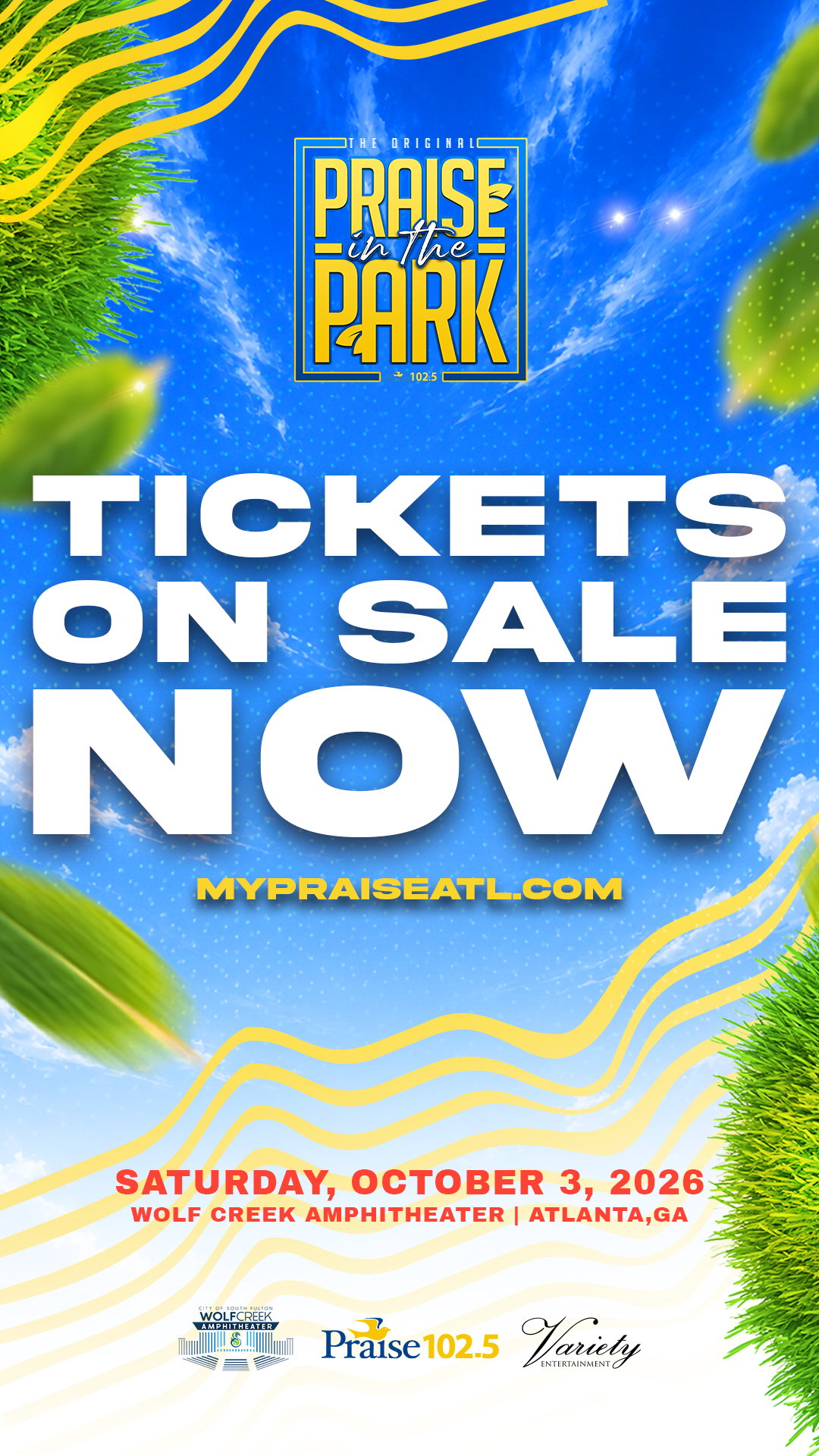 Poster advertising "Praise in the Park" event on October 3, 2026 at Wolf Creek Amphitheater in Atlanta, GA. Text includes "Tickets on Sale Now" and website mypraiseatl.com.