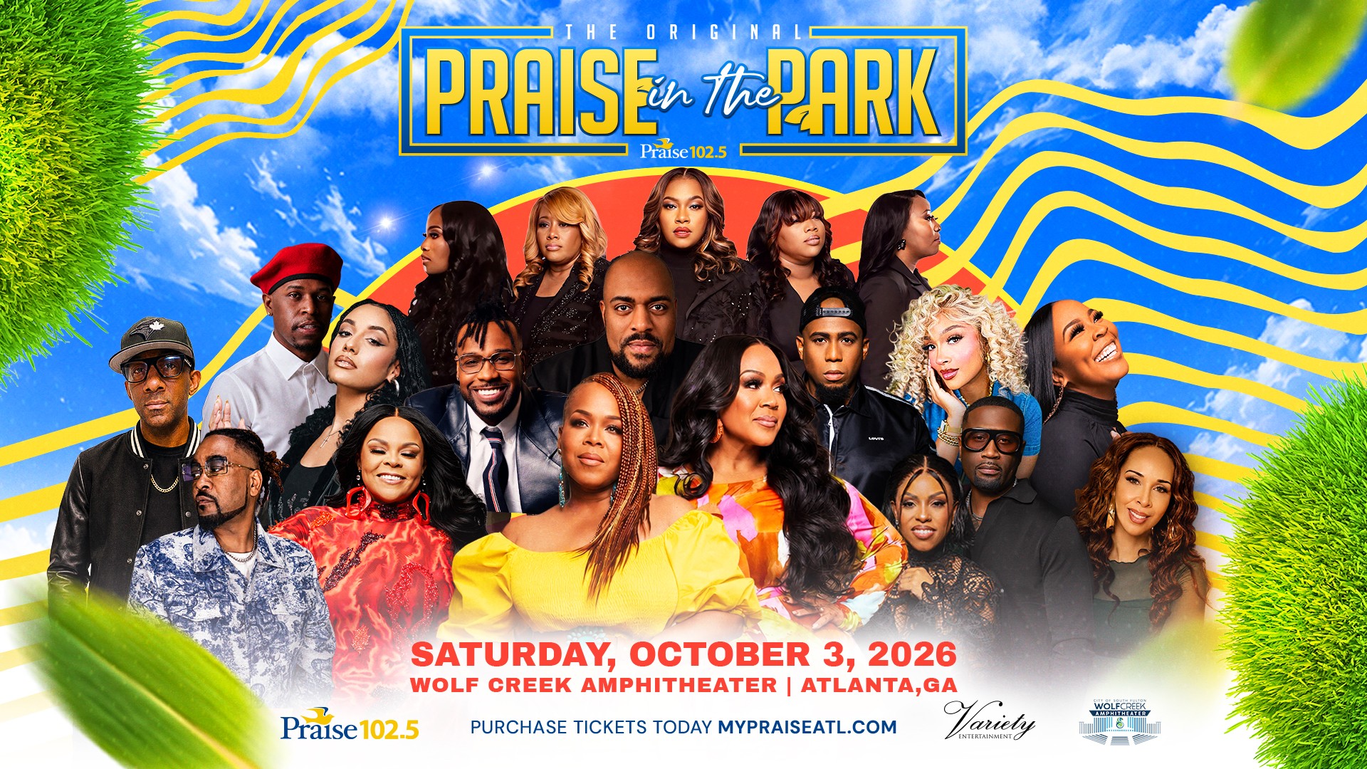 Colorful poster for "Praise in the Park" event on October 3, 2026 at Wolf Creek Amphitheater in Atlanta, GA, featuring a large group of diverse performers.