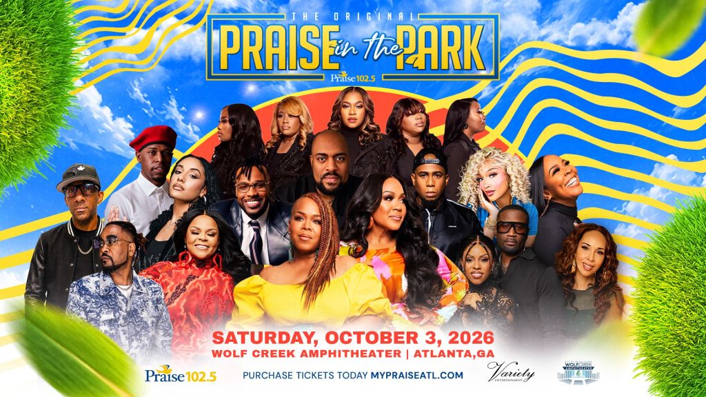 Colorful poster for "Praise in the Park" event on October 3, 2026 at Wolf Creek Amphitheater in Atlanta, GA, featuring a large group of diverse performers.