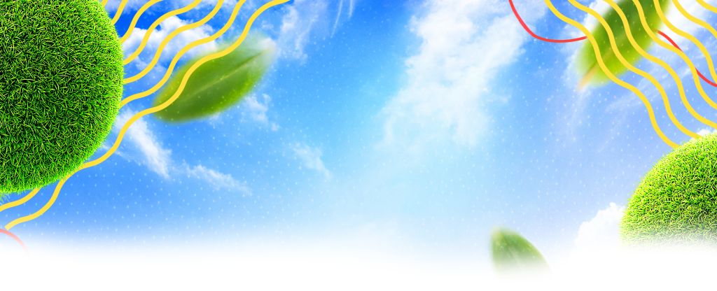 Vibrant abstract landscape with floating green spheres, wavy yellow lines, and a bright blue sky with clouds.