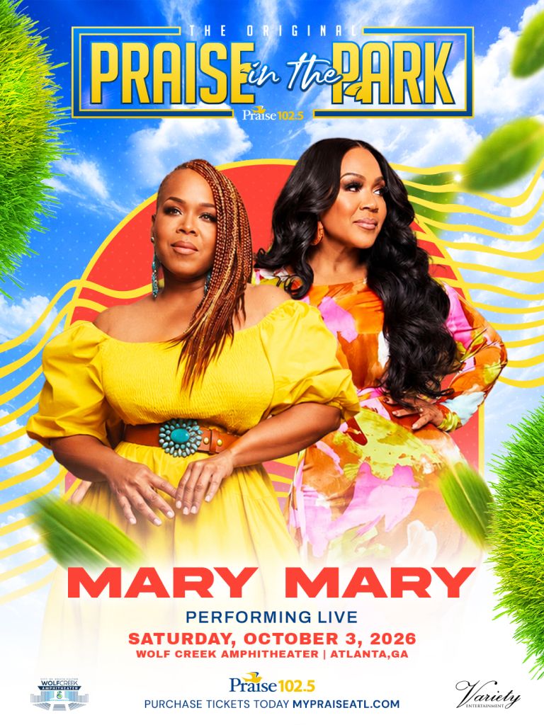 Two women in bright yellow and orange outfits performing on stage at the Praise in the Park event on October 3, 2026 at the Wolf Creek Amphitheater in Atlanta, GA.