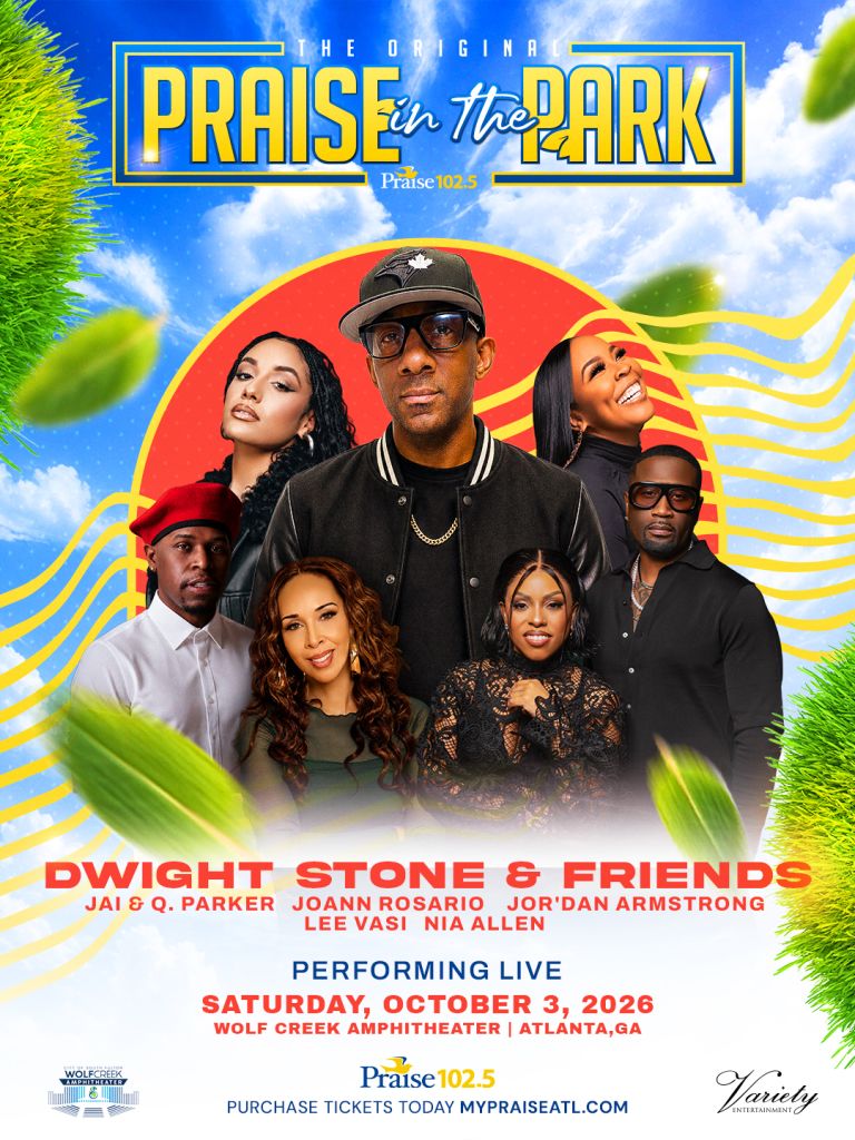 Promotional poster for "Praise in the Park" event featuring Dwight Stone and friends performing live on October 3, 2026 at Wolf Creek Amphitheater in Atlanta, GA.