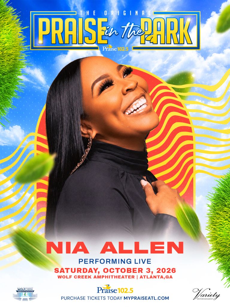 A smiling woman with long dark hair against a colorful background promoting a "Praise in the Park" event featuring Nia Allen.