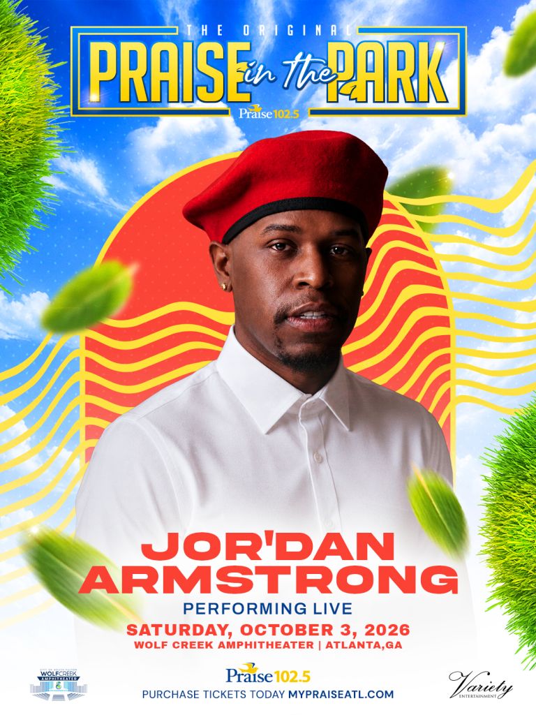 A man in a red beret and white shirt stands against a colorful background with the text "The Original Praise in the Park" and "Praise 102.5" promoting a live performance event.
