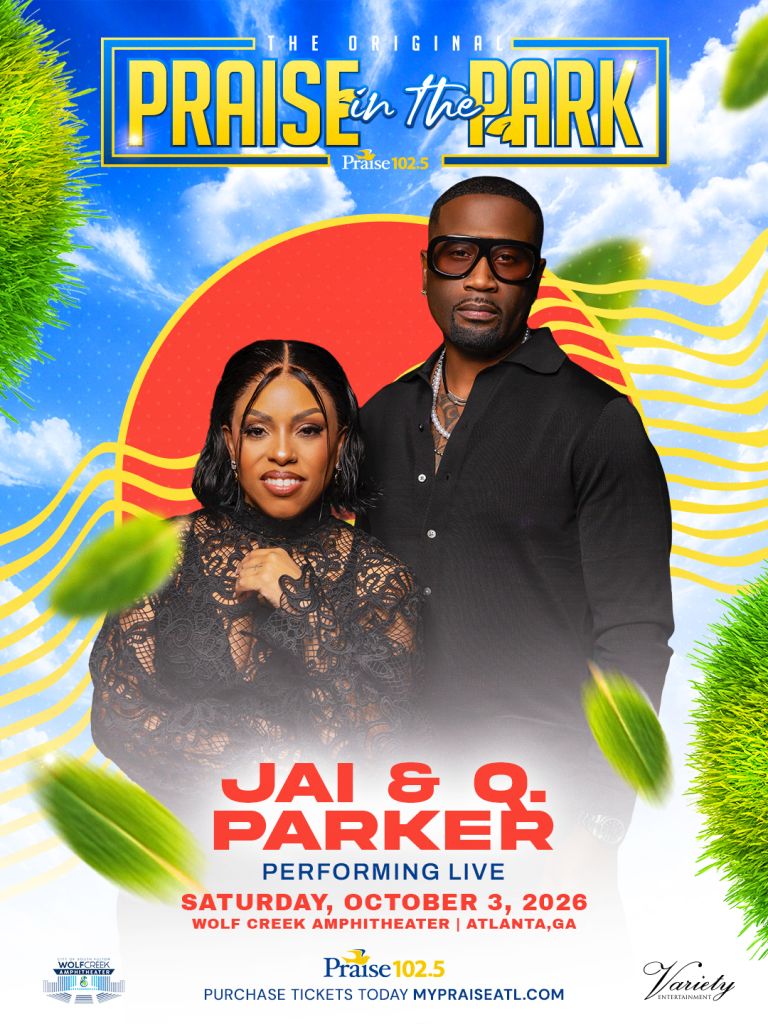 Two people, a man and a woman, posing together in front of a colorful background with text promoting a "Praise in the Park" event on October 3, 2026 in Atlanta, GA.