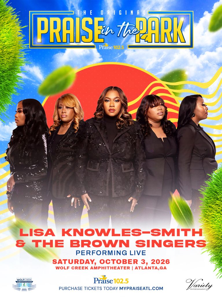 A group of five women in black sequined outfits performing on stage, with the text "The Original Praise in the Park" and "Lisa Knowles-Smith & The Brown Singers" displayed.