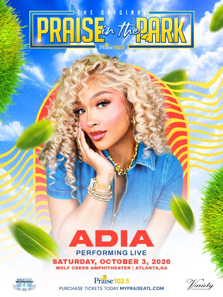 A woman with curly blonde hair wearing a denim jacket and jewelry poses against a colorful background promoting a "Praise in the Park" event featuring the artist Adia.