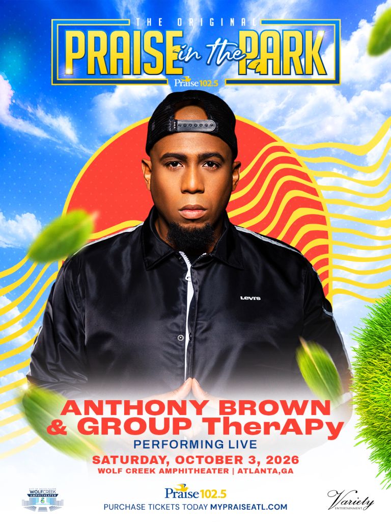 A man with a beard wearing a black jacket stands in front of a colorful background with the text "The Original Praise in the Park" and "Anthony Brown & Group Therapy" performing live on October 3, 2026 at Wolf Creek Amphitheater in Atlanta, GA.