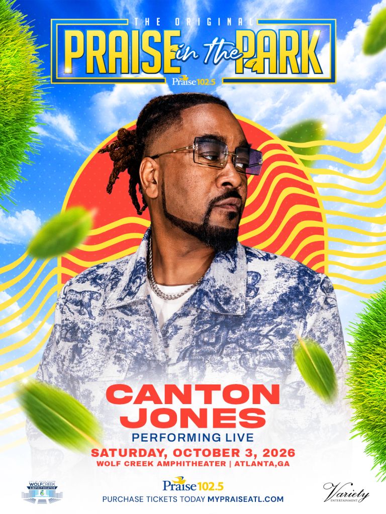 A man with dreadlocks wearing glasses and a patterned shirt stands against a colorful background with the text "The Original Praise in the Park" and "Canton Jones Performing Live" on October 3, 2026 at Wolf Creek Amphitheater in Atlanta, GA.