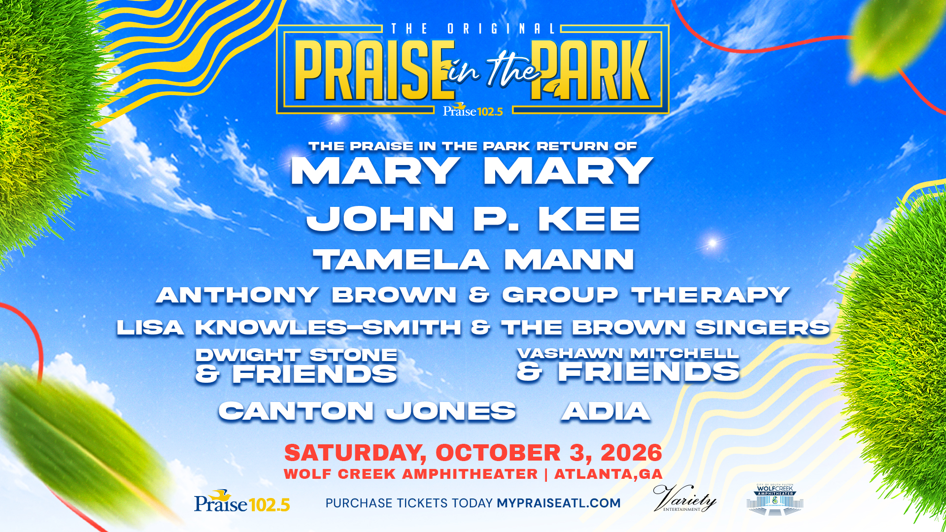 Poster for "Praise in the Park" event featuring various musical artists, including Mary Mary, John P. Kee, Tamela Mann, and others, scheduled for October 3, 2026 at Wolf Creek Amphitheater in Atlanta, GA.