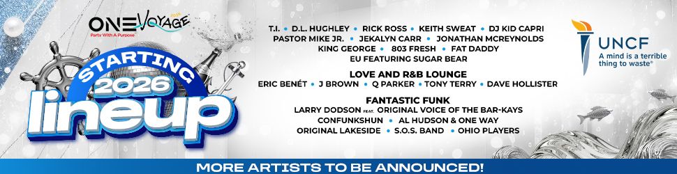 One Voyage music festival lineup poster featuring artists like T.I., D.L. Hughley, Rick Ross, and Keith Sweat starting in 2026.