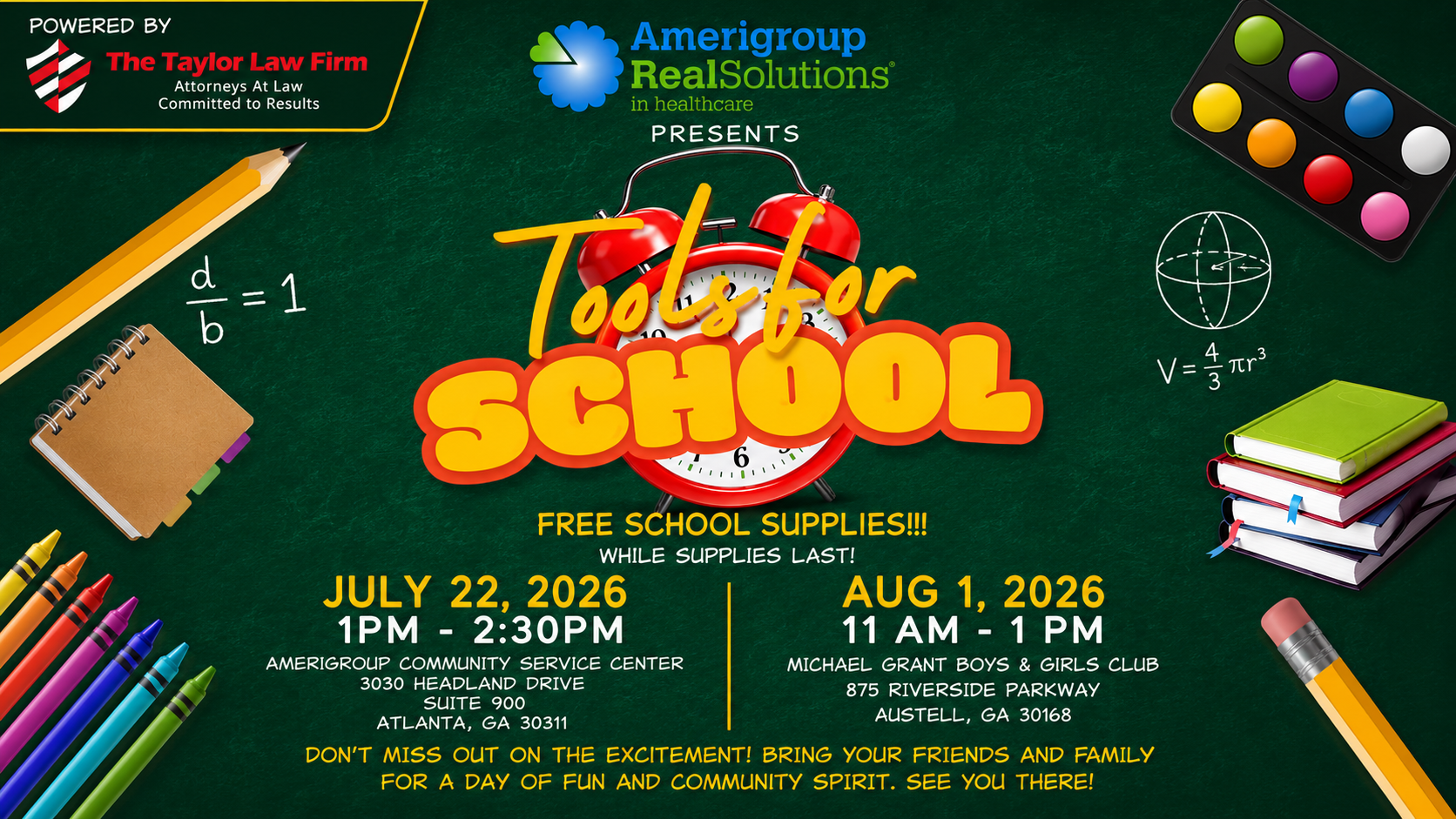 Colorful back-to-school event poster featuring "Tools for School" text, school supplies, and details for free school supply giveaways on July 22 and August 1, 2026.