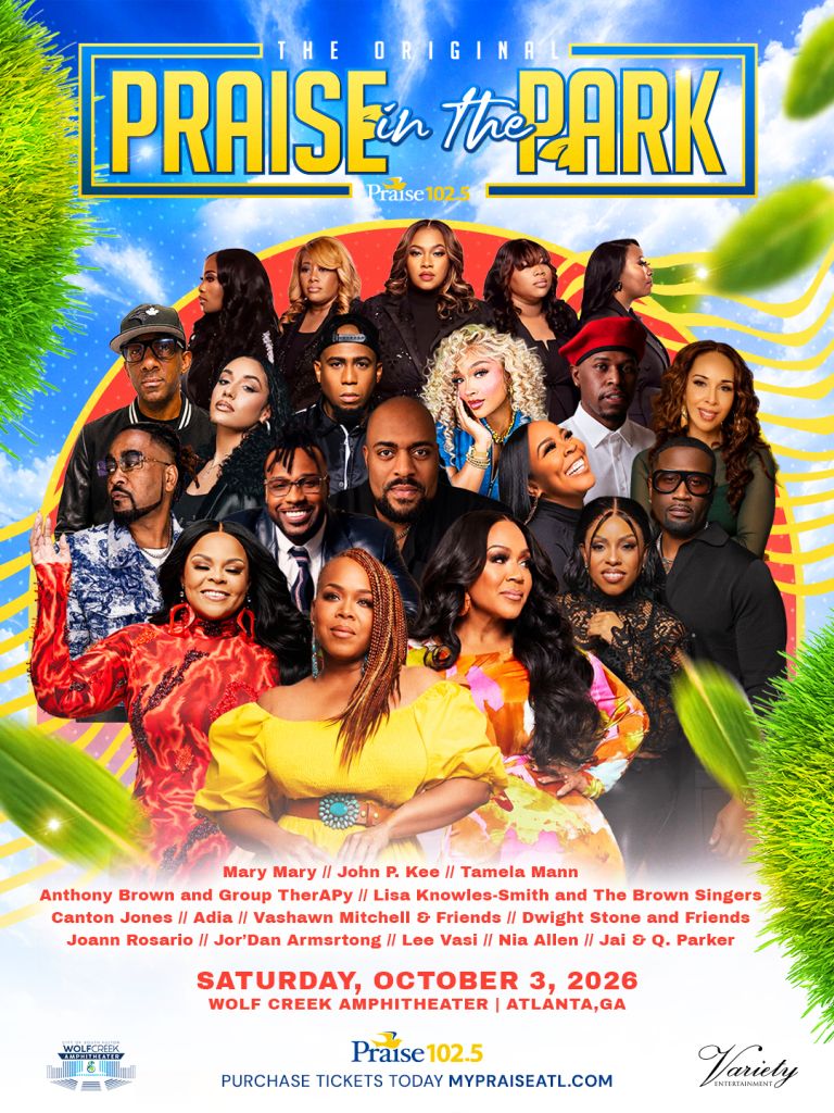 Colorful poster for "The Original Praise in the Dark" concert event featuring a large group of diverse musicians and performers.