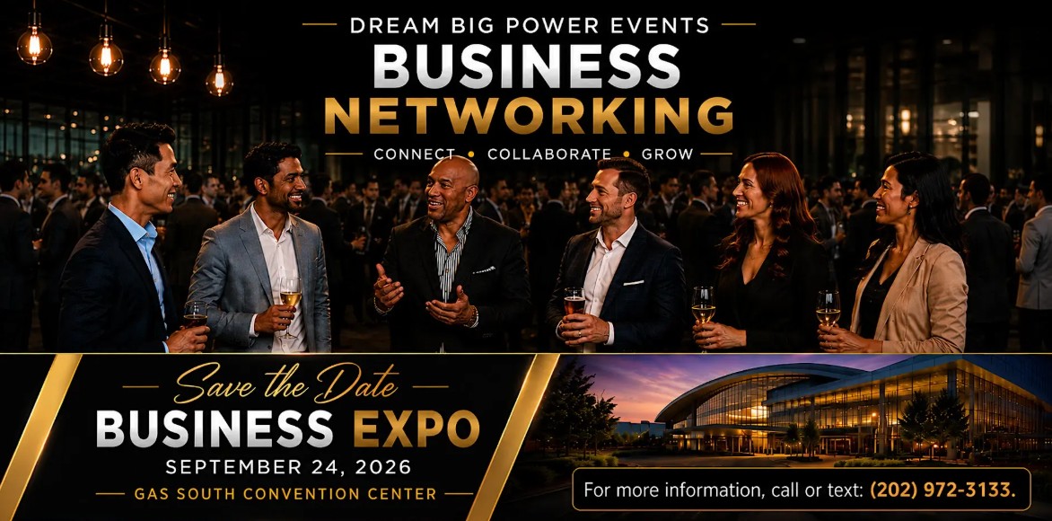A group of well-dressed business professionals networking and socializing at a "Dream Big Power Events" business networking event, with text promoting a "Business Expo" on September 24, 2026 at the Gas South Convention Center.