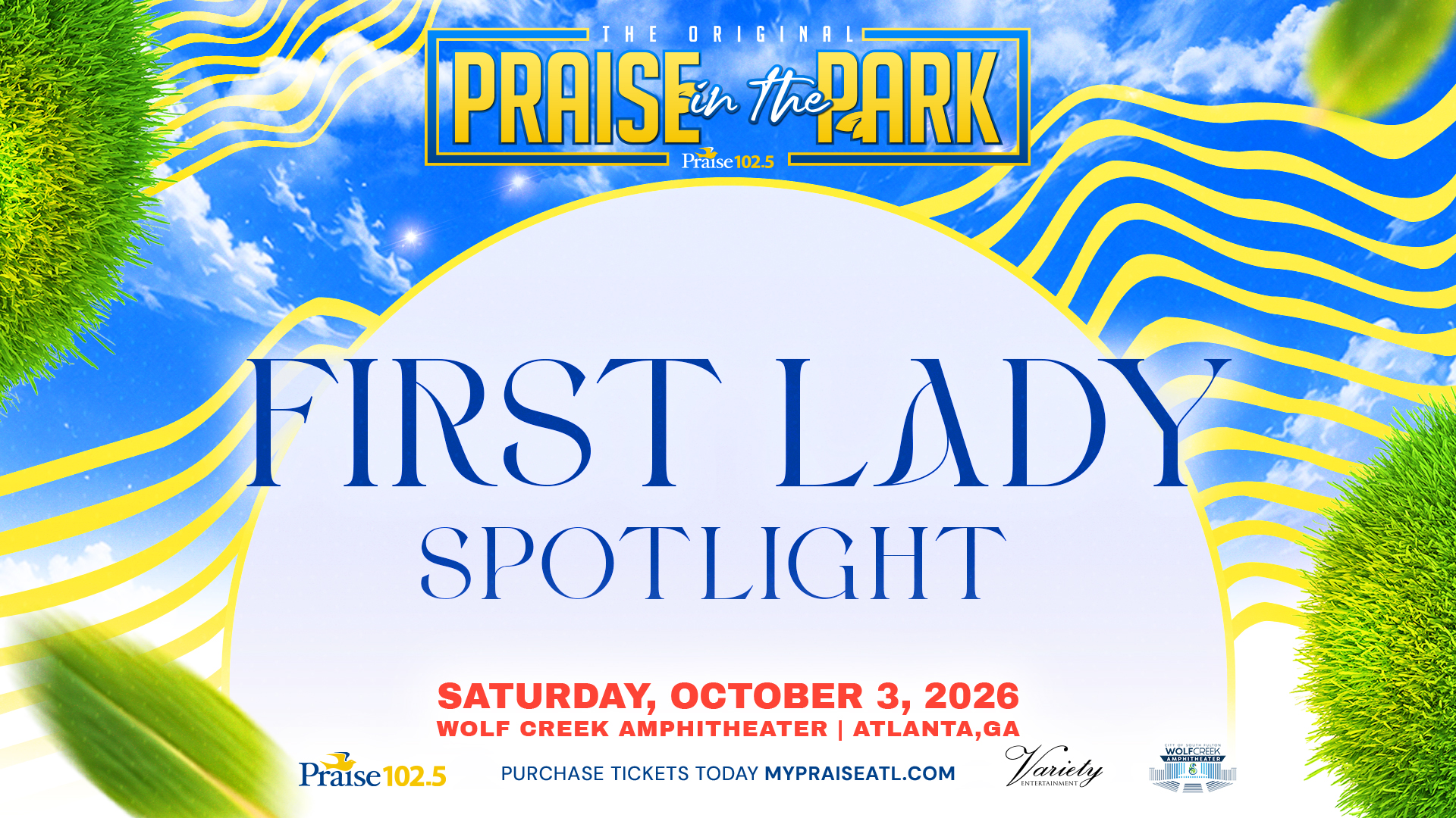 Poster for "Praise in the Park" event featuring the text "First Lady Spotlight" and event details.