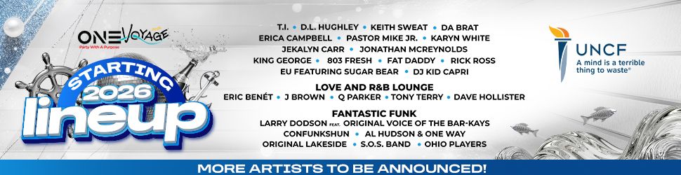 One Voyage music festival lineup poster featuring artists like T.I., D.L. Hughley, Keith Sweat, Da Brat, and more, with the UNCF logo.
